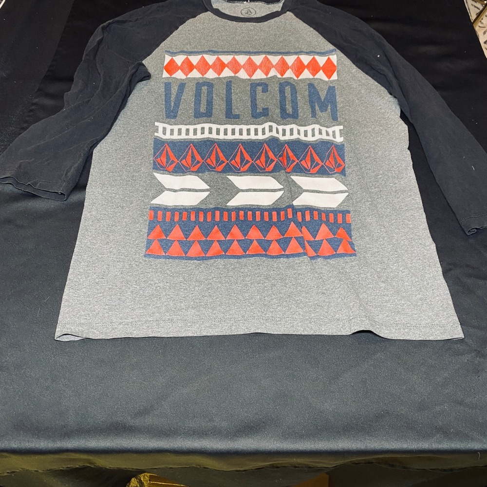 Volcom Mens Large Raglan T-Shirt Gray Black Graphic Baseball Tee L